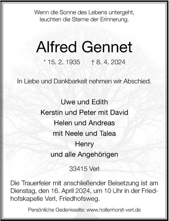 Traueranzeige von Alfred Gennet von Neue Westfälische