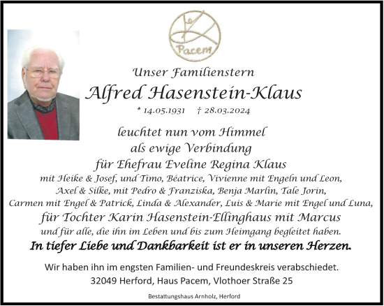 Traueranzeige von Alfred Hasenstein-Klaus von Neue Westfälische