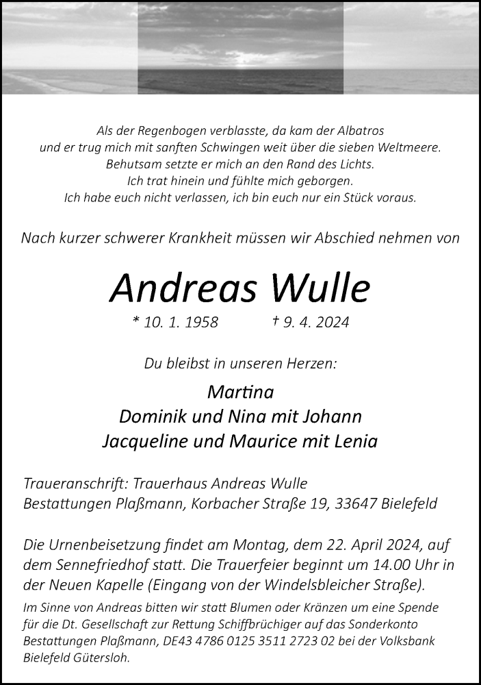  Traueranzeige für Andreas Wulle vom 13.04.2024 aus Neue Westfälische
