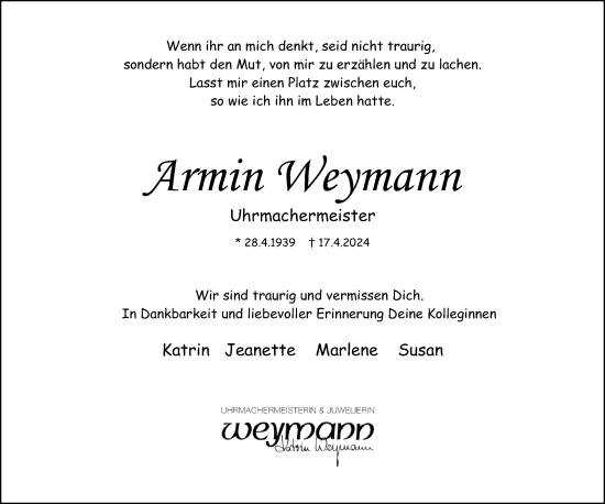 Traueranzeige von Armin Weymann von Neue Westfälische