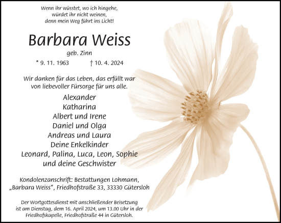 Traueranzeige von Barbara weiss von Neue Westfälische