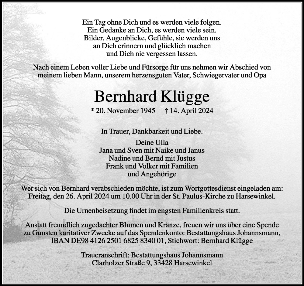  Traueranzeige für Bernhard Klügge vom 20.04.2024 aus Neue Westfälische