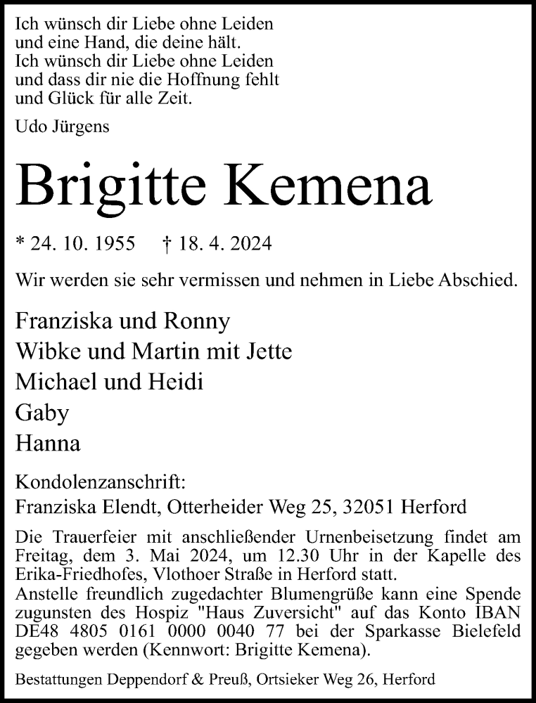  Traueranzeige für Brigitte Kemena vom 20.04.2024 aus Neue Westfälische