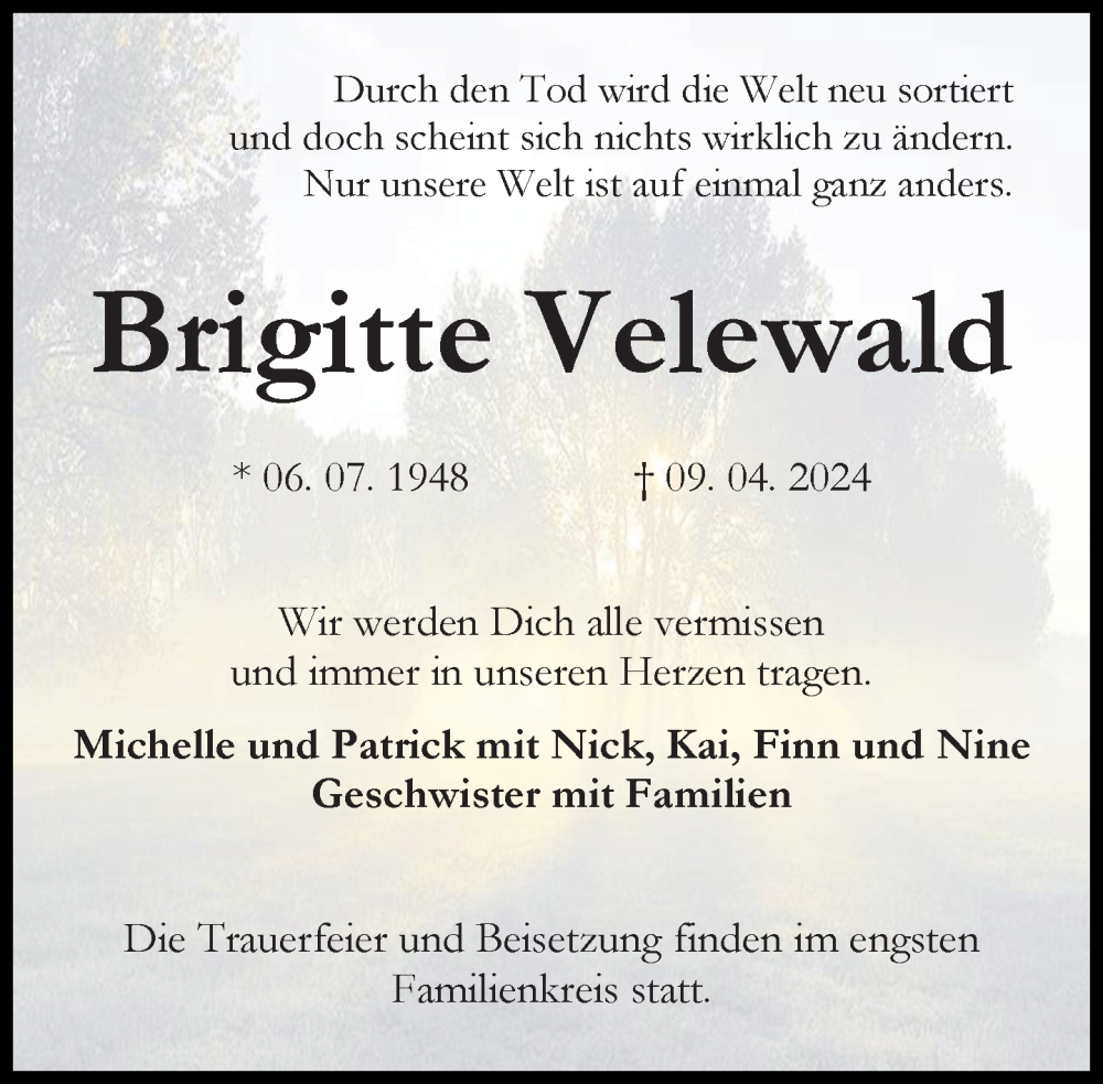  Traueranzeige für Brigitte Velewald vom 13.04.2024 aus Neue Westfälische