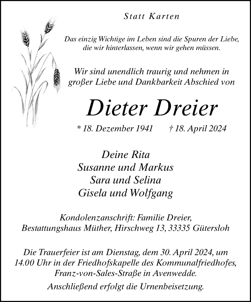  Traueranzeige für Dieter Dreier vom 27.04.2024 aus Neue Westfälische