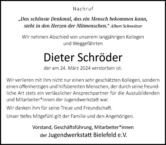 Traueranzeige von Dieter Schröder von Neue Westfälische