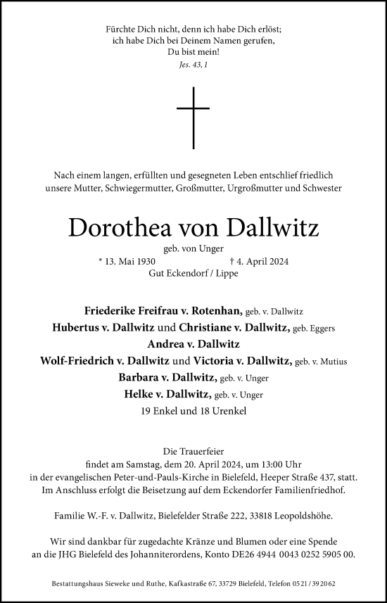 Traueranzeige von Dorothea von Dallwitz