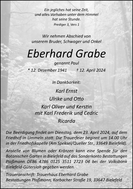 Traueranzeige von Eberhard Grabe von Neue Westfälische