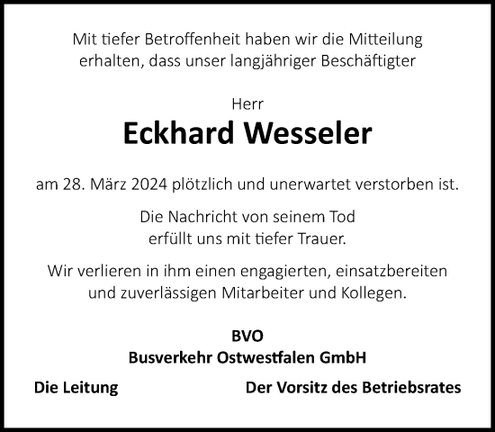 Traueranzeige von Eckhard Wesseler von Neue Westfälische