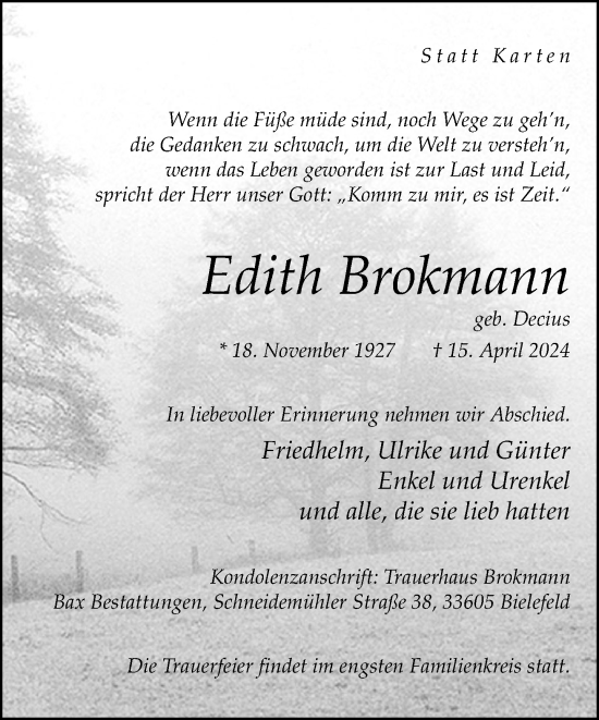 Traueranzeige von Edith Brokmann von Neue Westfälische