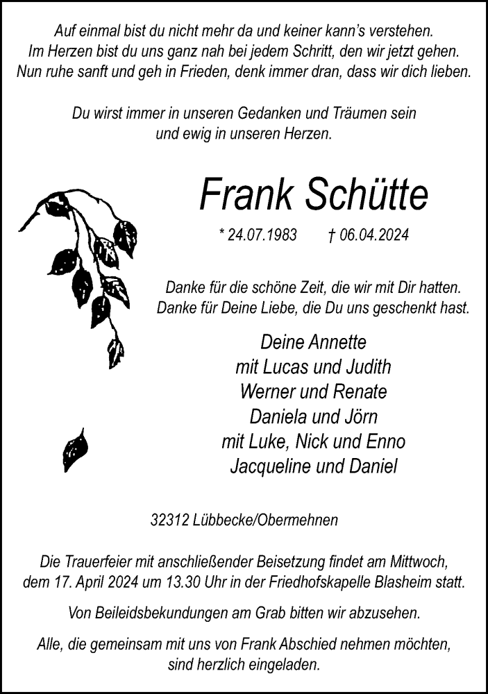  Traueranzeige für Frank Schütte vom 12.04.2024 aus Neue Westfälische