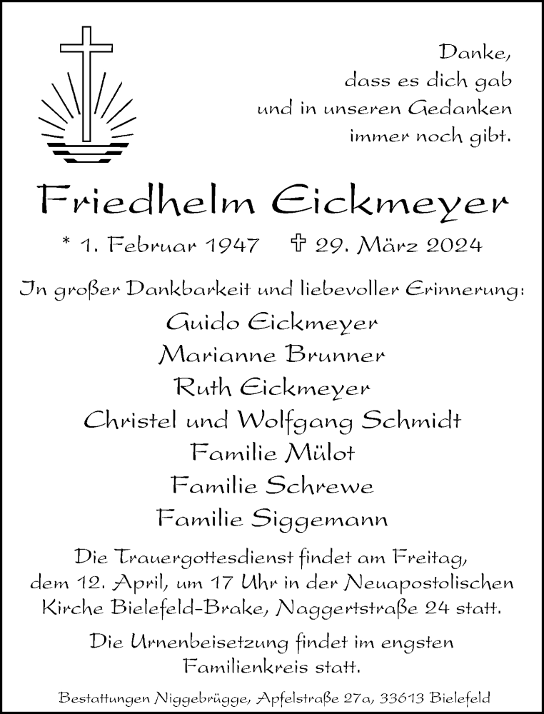  Traueranzeige für Friedhelm Eickmeyer vom 06.04.2024 aus Neue Westfälische