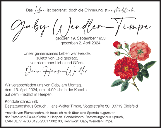 Traueranzeige von Gaby Wendler-Timpe von Neue Westfälische