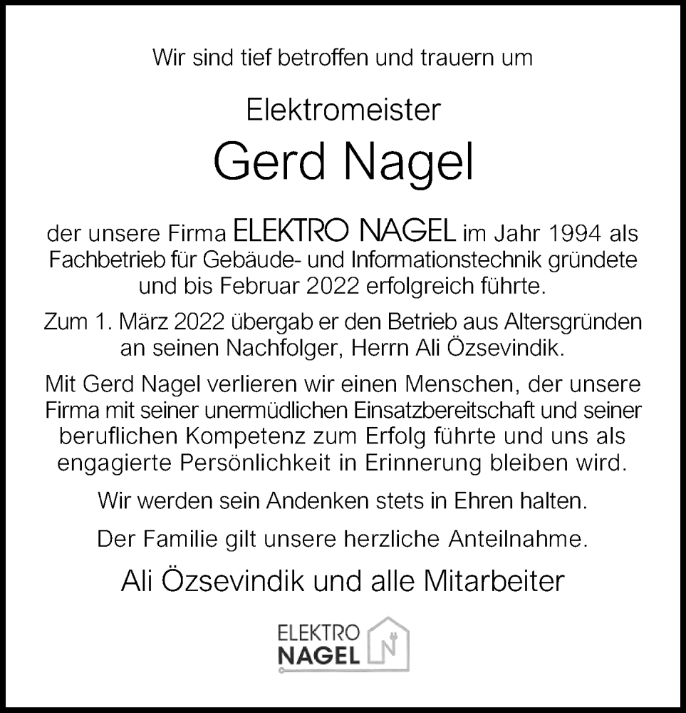  Traueranzeige für Gerd Nagel vom 20.04.2024 aus Neue Westfälische