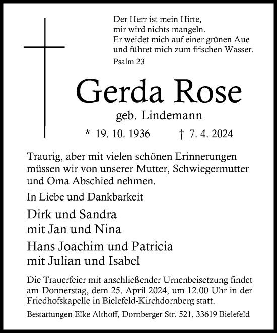 Traueranzeige von Gerda Rose von Neue Westfälische