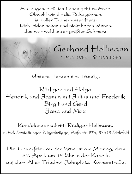 Traueranzeige von Gerhard Hollmann von Neue Westfälische