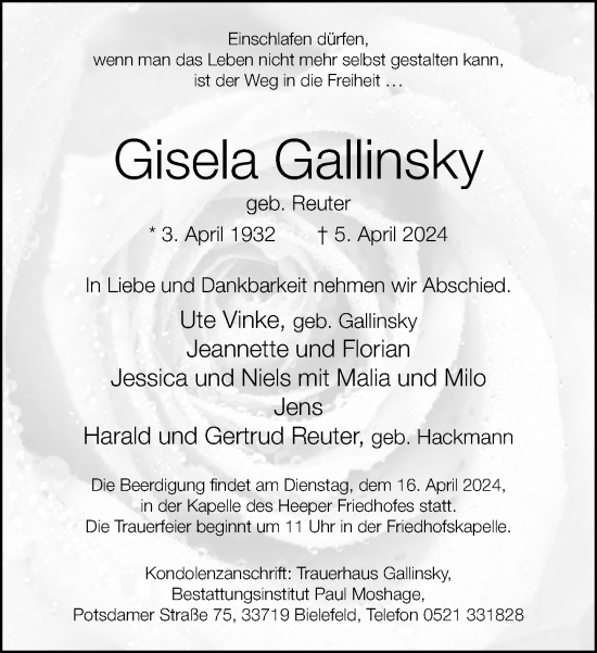 Traueranzeige von Gisela Gallinsky von Neue Westfälische
