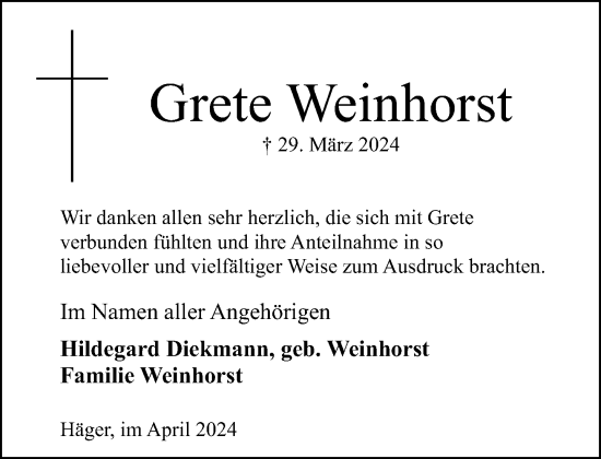 Traueranzeige von Grete Weinhorst von Neue Westfälische