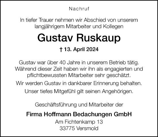 Traueranzeige von Gustav Ruskaup von Neue Westfälische