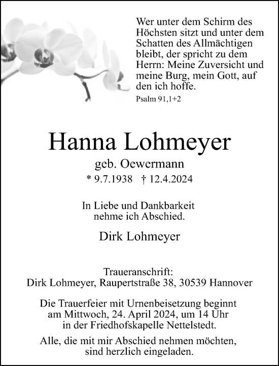 Traueranzeige von Hanna Lohmeyer von Neue Westfälische