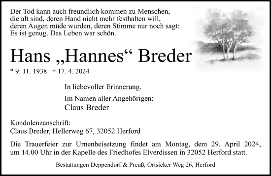 Traueranzeige von Hans Breder von Neue Westfälische