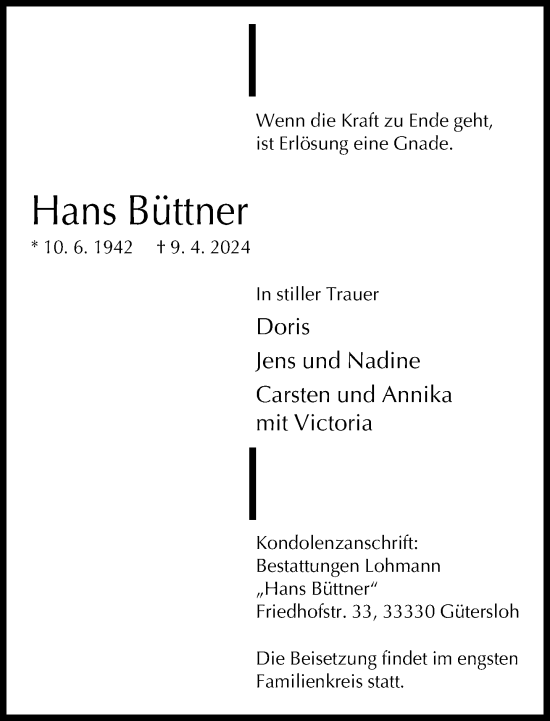 Traueranzeige von Hans Büttner