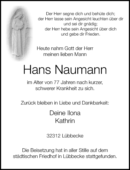 Traueranzeige von Hans Naumann von Neue Westfälische