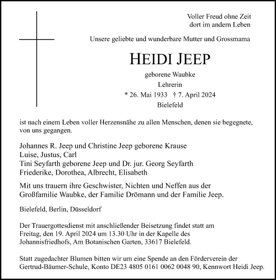 Traueranzeige von Heidi Jeep von Neue Westfälische