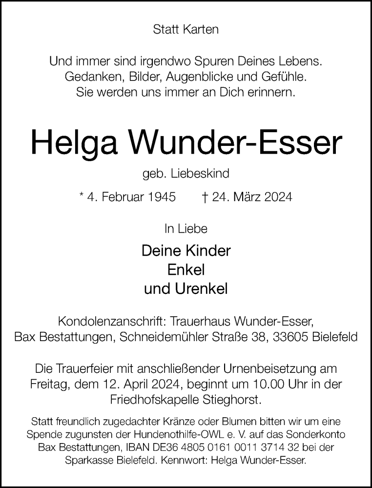  Traueranzeige für Helga Wunder-Esser vom 03.04.2024 aus Neue Westfälische