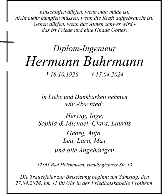 Traueranzeige von Hermann Buhrmann von Neue Westfälische