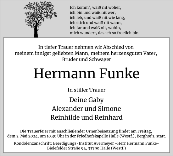 Traueranzeige von Hermann Funke von Neue Westfälische