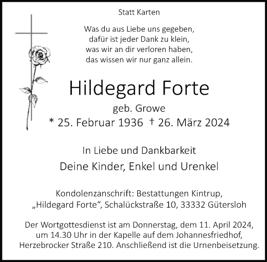 Traueranzeige von Hildegard Forte