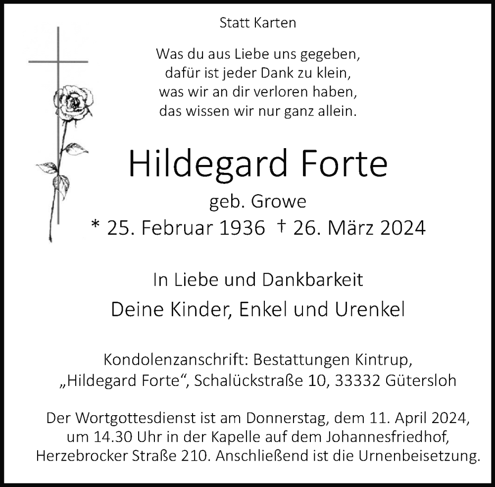  Traueranzeige für Hildegard Forte vom 06.04.2024 aus Neue Westfälische