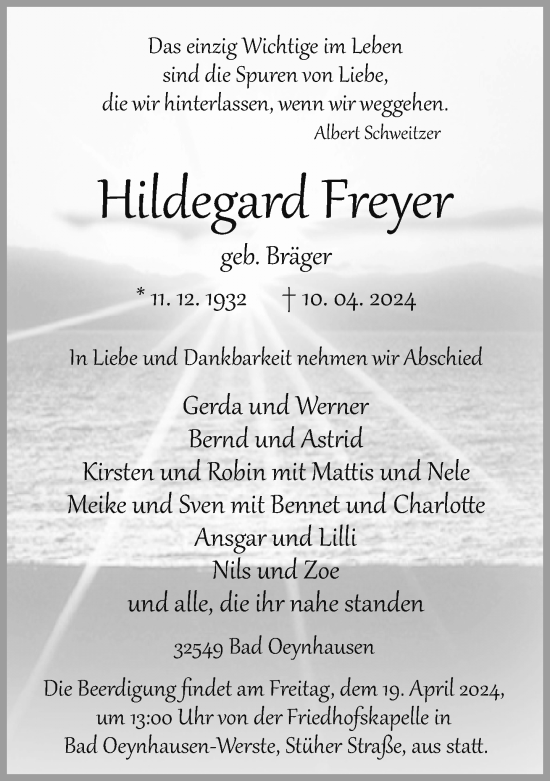 Traueranzeige von Hildegard Freyer von Neue Westfälische