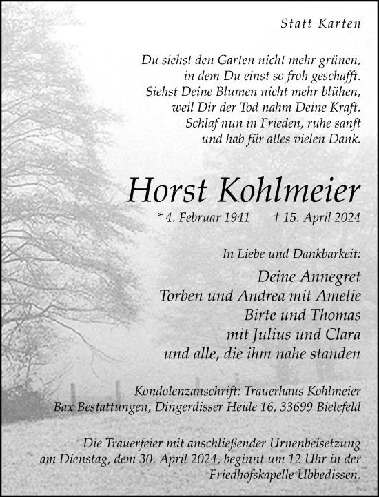 Traueranzeige von Horst Kohlmeier von Neue Westfälische