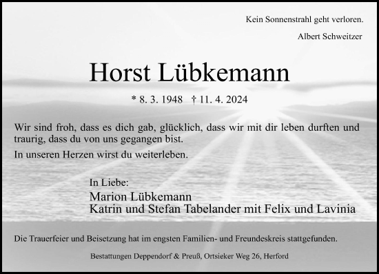 Traueranzeige von Horst Lübkemann von Neue Westfälische