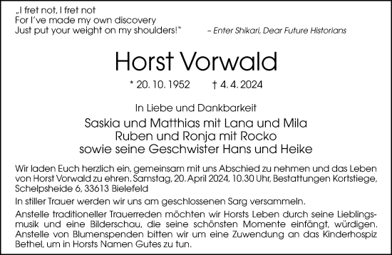 Traueranzeige von Horst Vorwald von Neue Westfälische