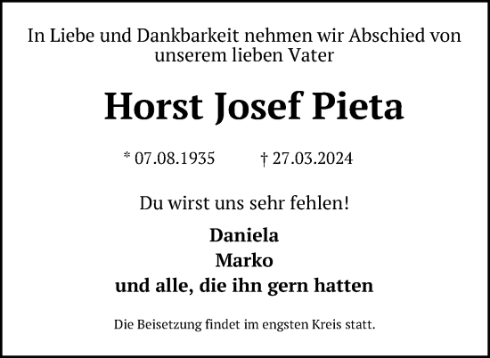 Traueranzeige von Horst Josef Pieta von Neue Westfälische