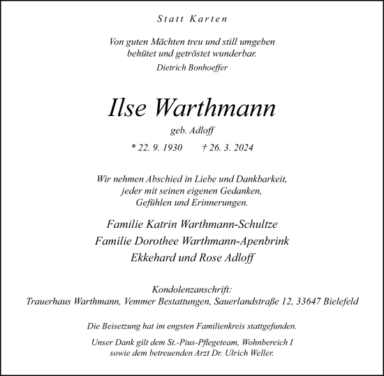Traueranzeige von Ilse Warthmann von Neue Westfälische
