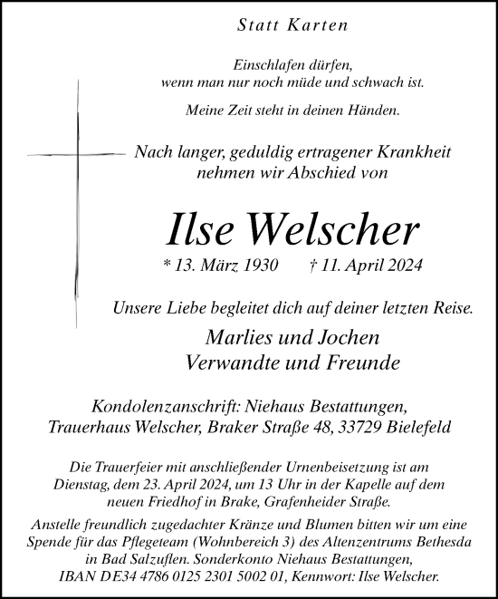Traueranzeige von Ilse Welscher von Neue Westfälische