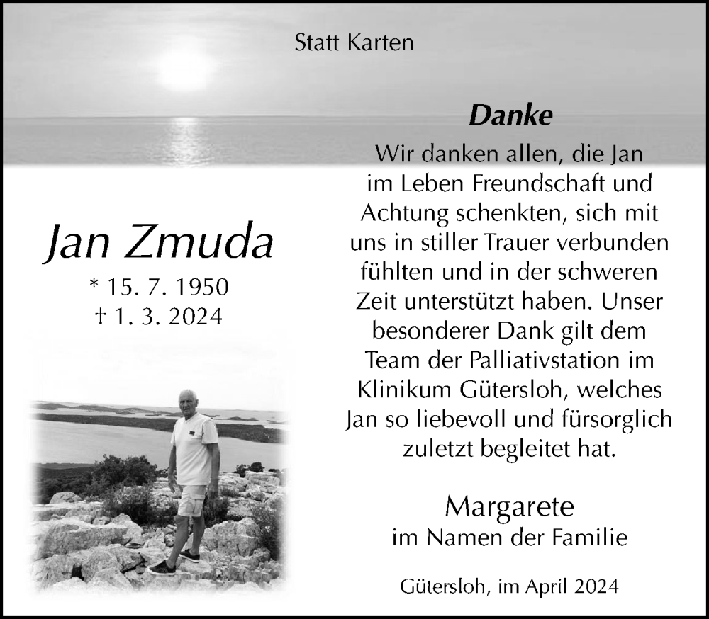  Traueranzeige für Jan Zmuda vom 13.04.2024 aus Neue Westfälische