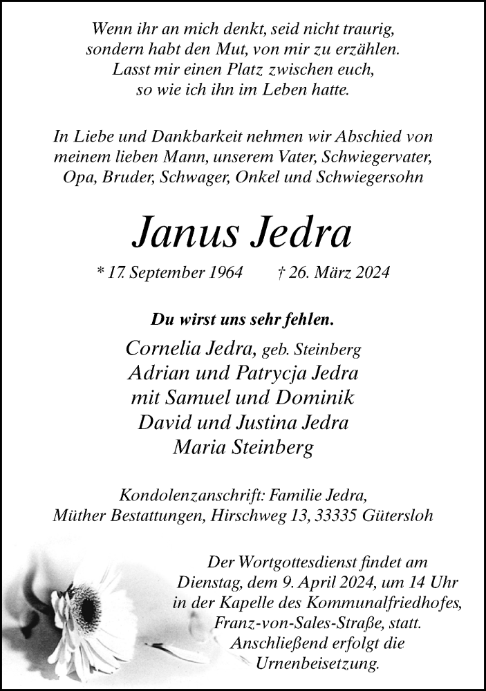  Traueranzeige für Janus Jedra vom 03.04.2024 aus Neue Westfälische