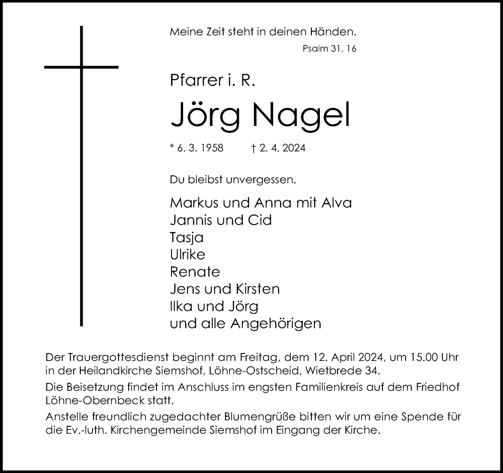  Traueranzeige für Jörg Nagel vom 06.04.2024 aus Neue Westfälische