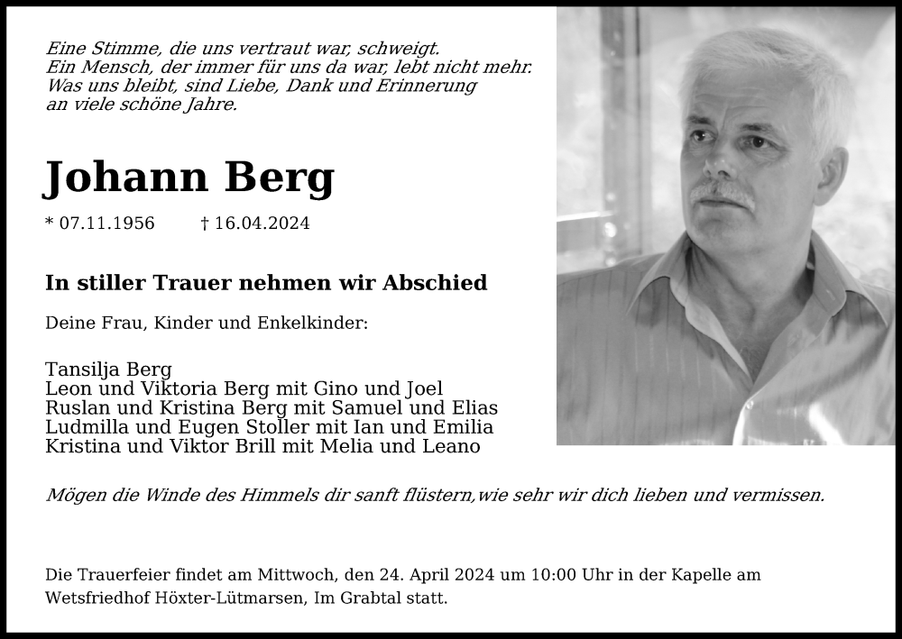  Traueranzeige für Johann Berg vom 20.04.2024 aus Neue Westfälische