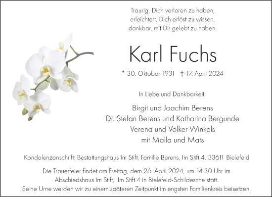 Traueranzeige von Karl Fuchs von Neue Westfälische