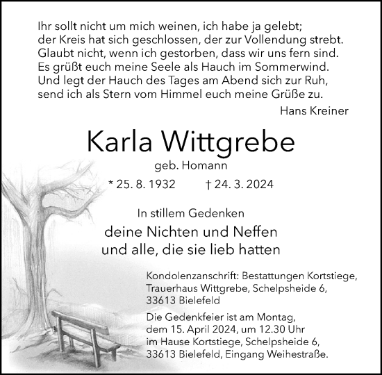 Traueranzeige von Karla Wittgrebe von Neue Westfälische