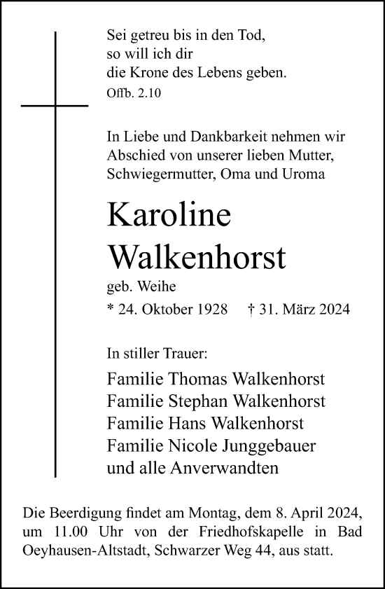 Traueranzeige von Karoline Walkenhorst von Neue Westfälische
