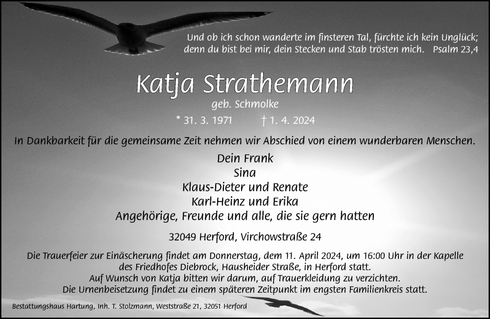  Traueranzeige für Katja Strathemann vom 06.04.2024 aus Neue Westfälische
