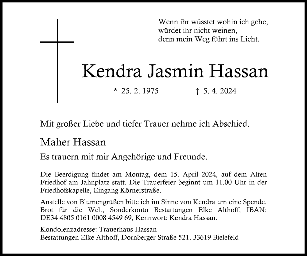  Traueranzeige für Kendra Jasmin Hassan vom 13.04.2024 aus Neue Westfälische