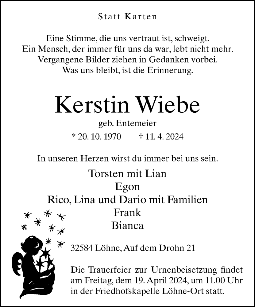  Traueranzeige für Kerstin Wiebe vom 16.04.2024 aus Neue Westfälische